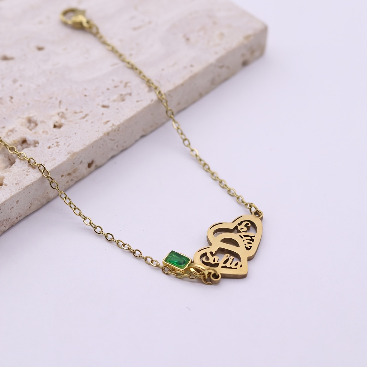 Custom Name Heart Bracelet with Green, Adjustable Stainless Steel Chain